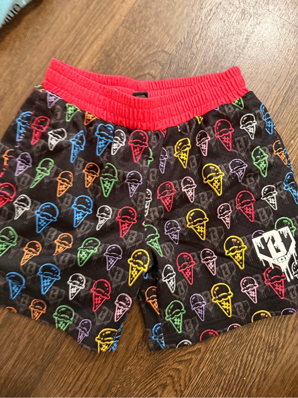 Kids Black Ice Cream Print Swim Shorts with Red Waistband Baseball Lifestyle 101